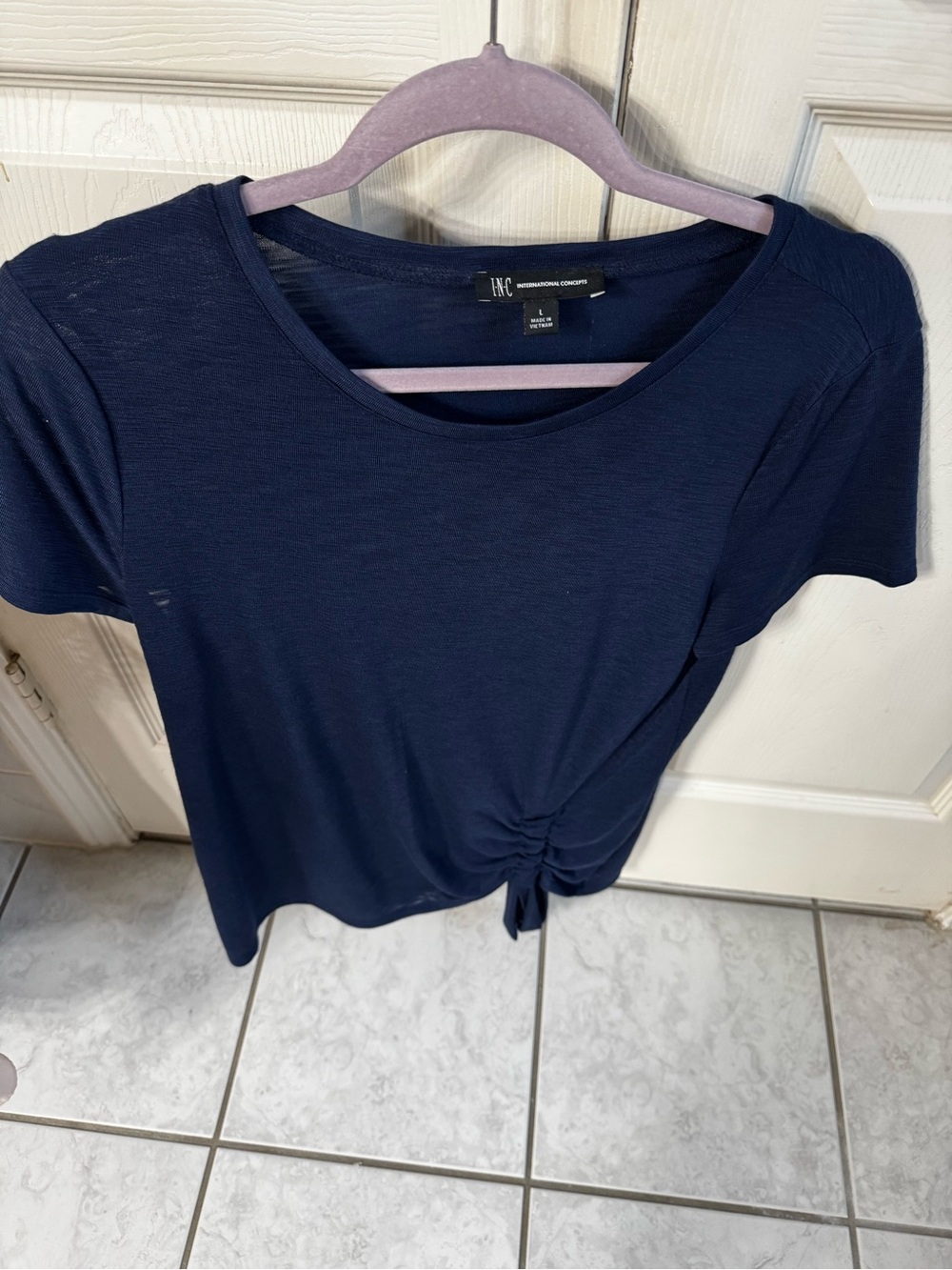 INC International Concepts Navy Short-Sleeve Ruched Tie Front Tee
